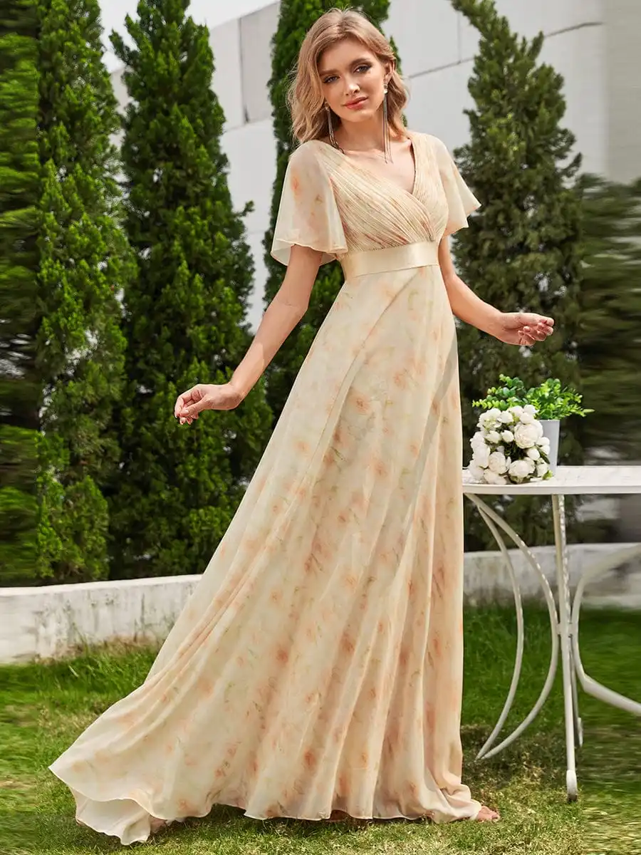 Sempre bonita-longo vestido de noite chiffon, sem mangas, colar v, rosa dourado, simples, vestido de dama de honra, 2024