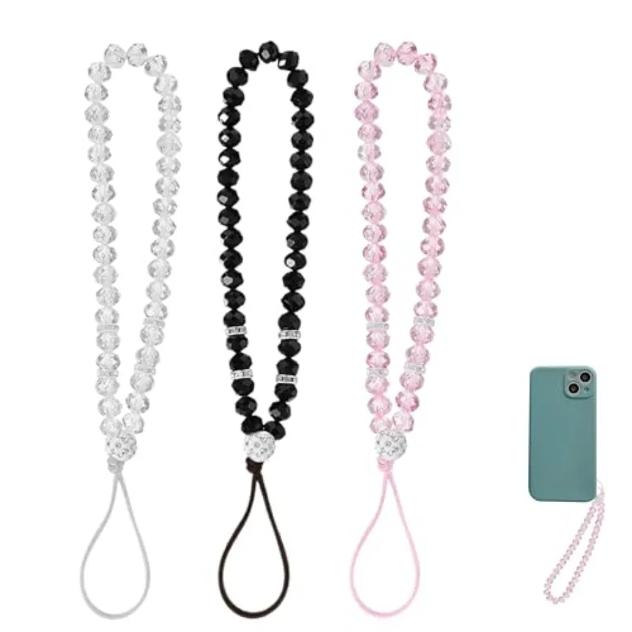 

Crystal Bead Phone Case Hanging Chain, 3 Pack, Clear Black Pink, Anti-Lost Wrist Strap