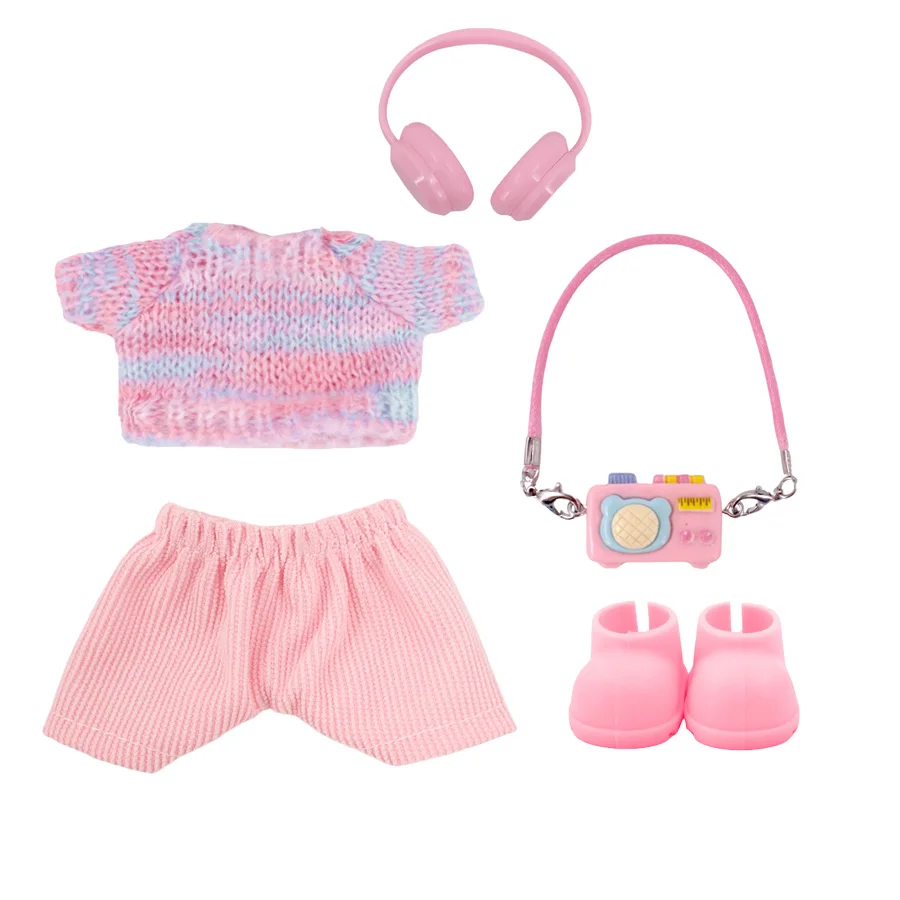 Zestaw akcesoriów dla lalek Labubu 17 cm: sweter z efektem gradientu kolorów, lekkie welurowe spodnie, symulacja wisiorka, słuchawki, buty.