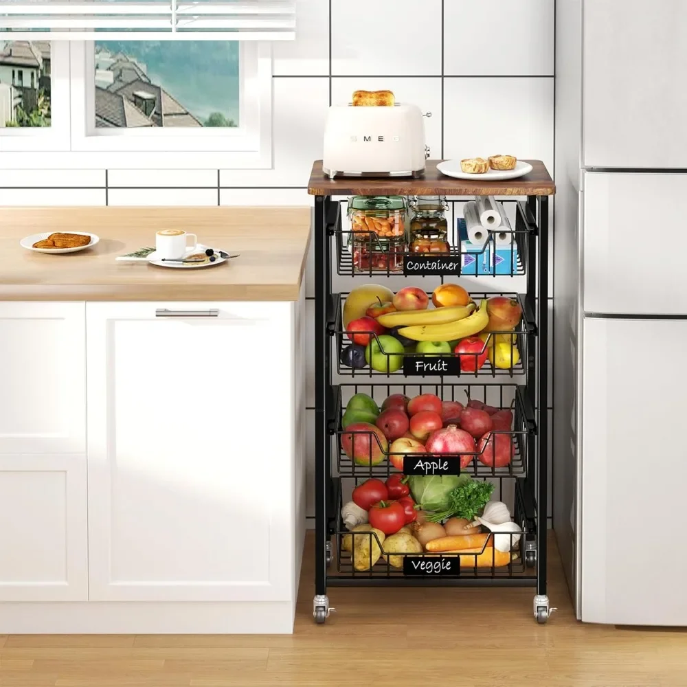 Kitchen Storage Cart with Wheels, 5-Tier Metal Utility Rolling Cart Fruit Vegetable Storage Basket Pantry Rack with