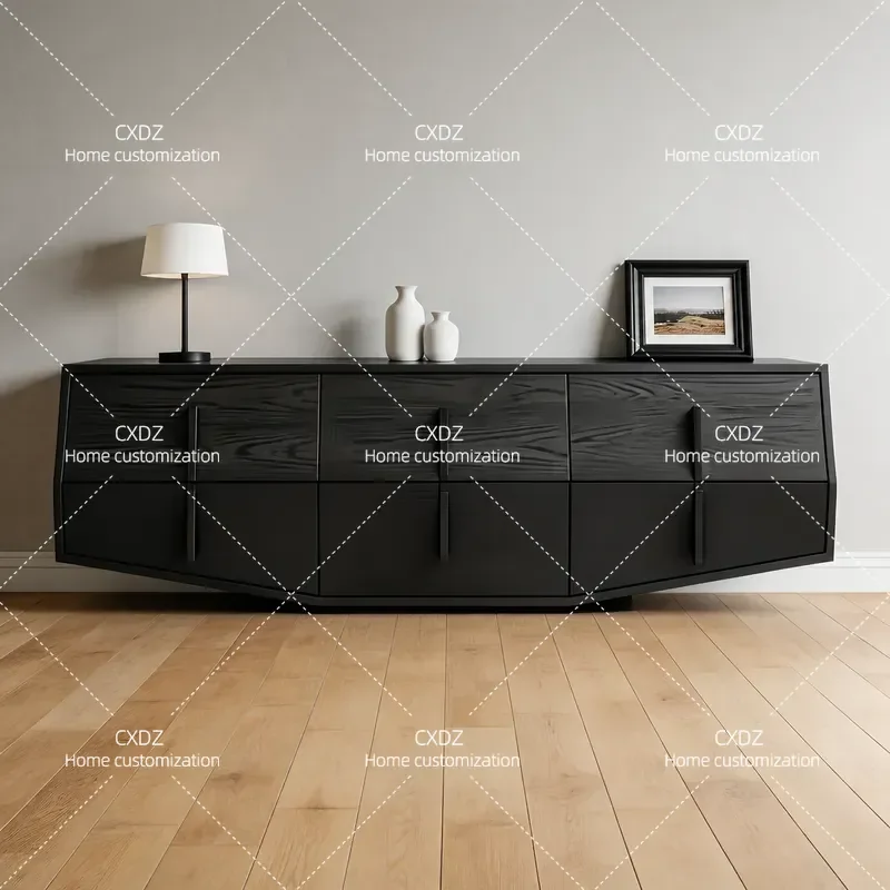 Modern Black Audio Visual Cabinet Special Shaped Chest Large Capacity Storage for Living Room Porch Dining Sideboard TV Stand
