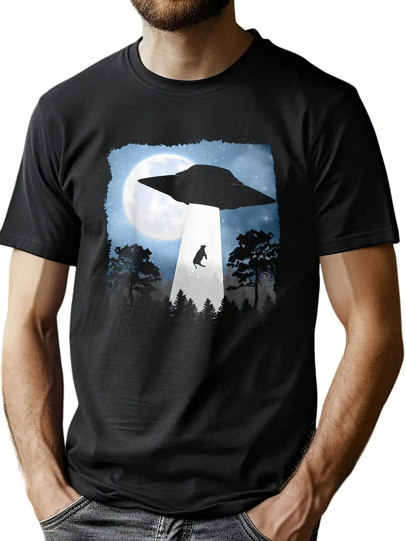 Night Sky Moon UFO Animal Silhouette Men's Summer T-Shirt, Comfortable - Breathable, Soft, Slightly Stretching, Casual Street Style Hip Hop T-Shirt Short Sleeve 100% Cotton Individuality Unisex Top
