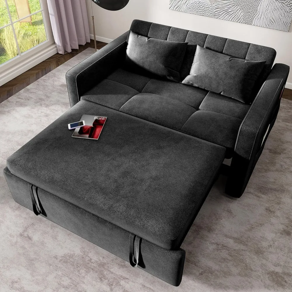 

55" Convertible Sofa Bed, 3-in-1 Sleeper Sofa with Pull-Out Bed, Velvet Futon Couch with Adjustable Backrest and Side Pocket, M