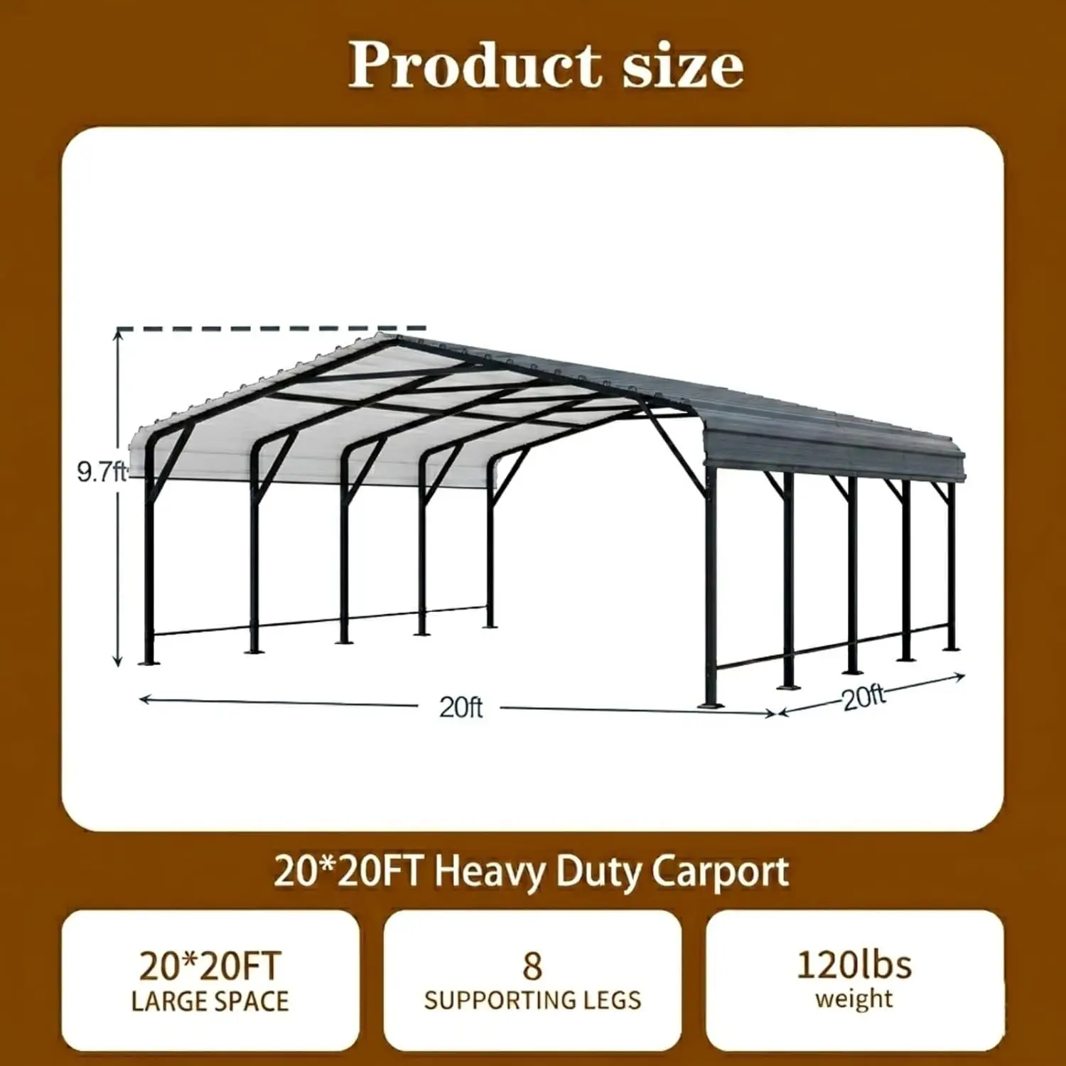 

Custom Gray 12x20 FT Metal Carport, Heavy Duty Reinforced Frame & Steel Roof, All-Weather Truck/SUV Storage Shelter