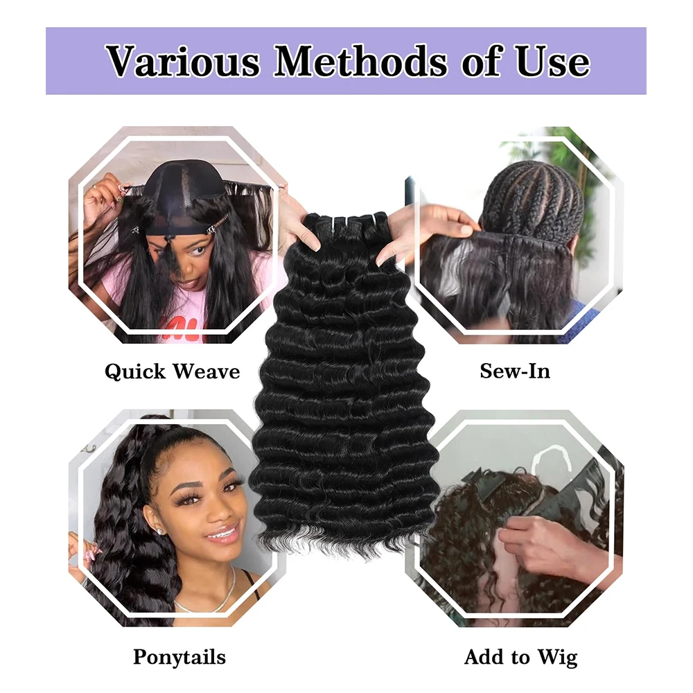 26 28 30 32 Inch Loose Deep Wave Brazilian Real Human Hair Bundles Sale 2/ 3/4 PCS Natural Black Unprocessed Remy Hair Extensions Weave Bundles Extensions Soft Silky For Women