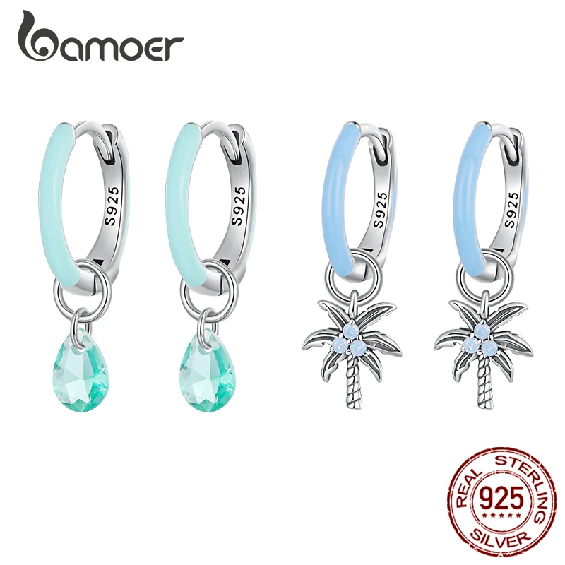 Bamoer 925 Sterling Silver Palm Tree Dangle Earring Teardrop Hoop Ear For Women Dangle Earrings Beach Jewelry Holiday Gift