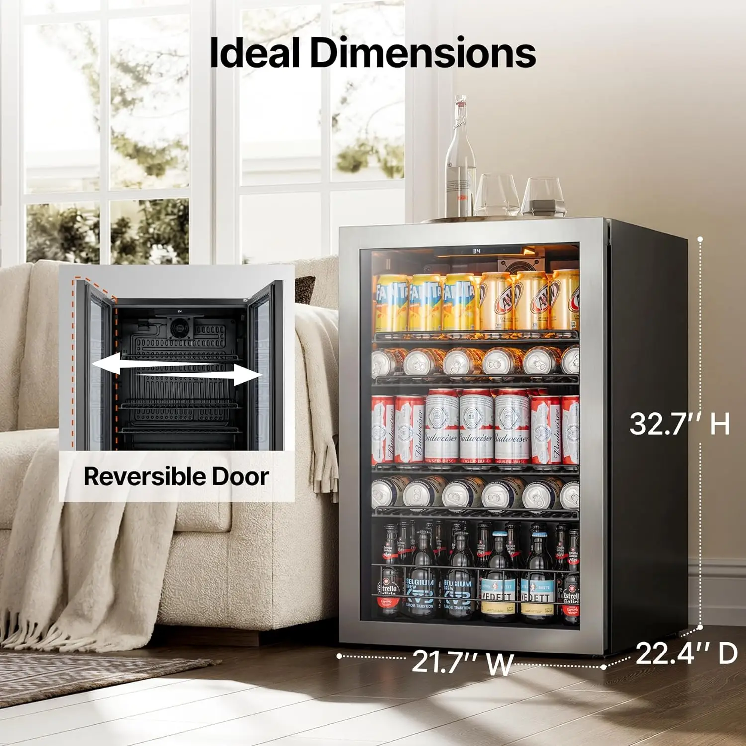 

155-Can Beverage Cooler, Mini Fridge with Reversible Glass Door and Adjustable Shelves, Customized