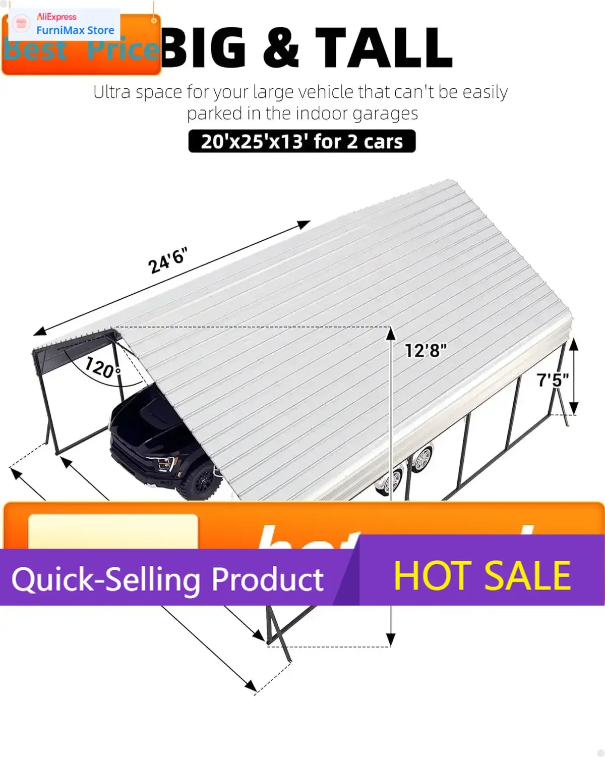 

Ограниченная по времени акция! Самый продаваемый товар по сниженной цене! Металлический навес для 2 автомобилей, 20'x25'x13', усиленный, класс C.