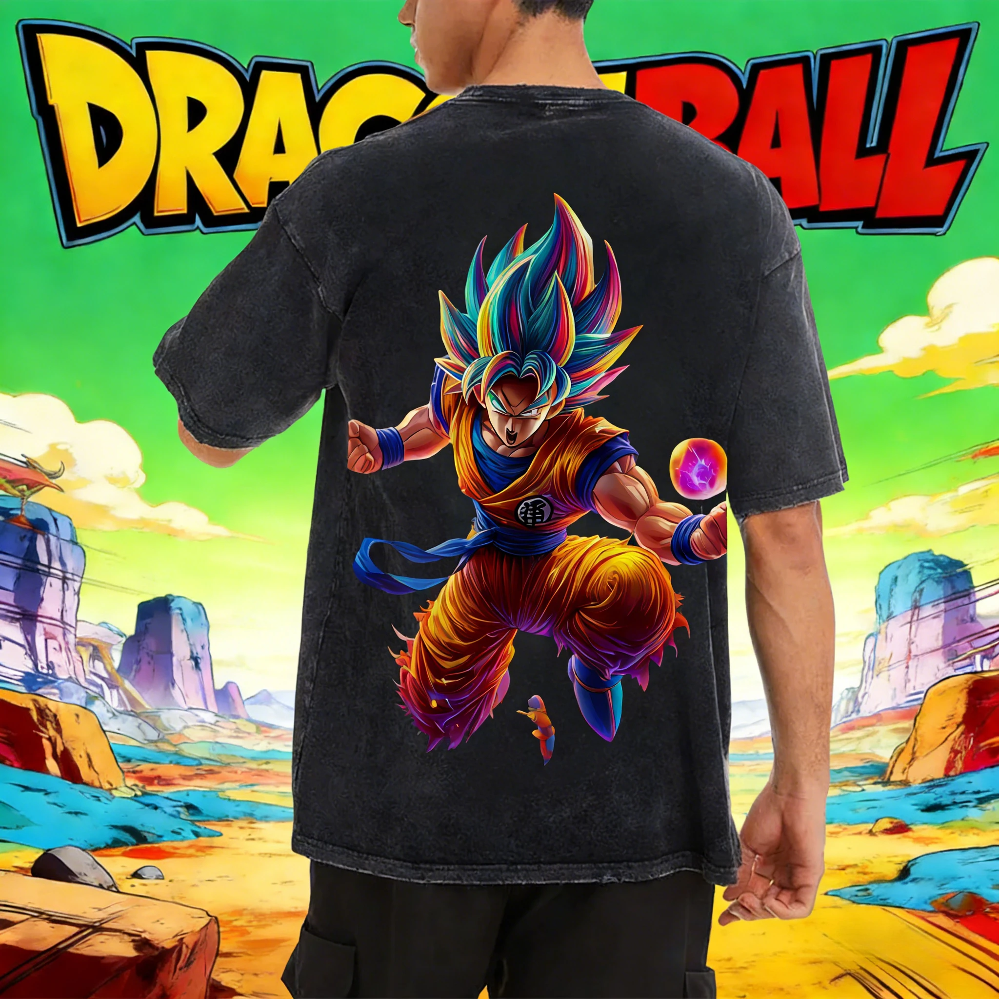 Dragon Ball Sun Wukong Bunte Form Retro Washed T-Shirt Fitness Sport T-Shirt Street Style Sommer Herren- und Damenoberteile