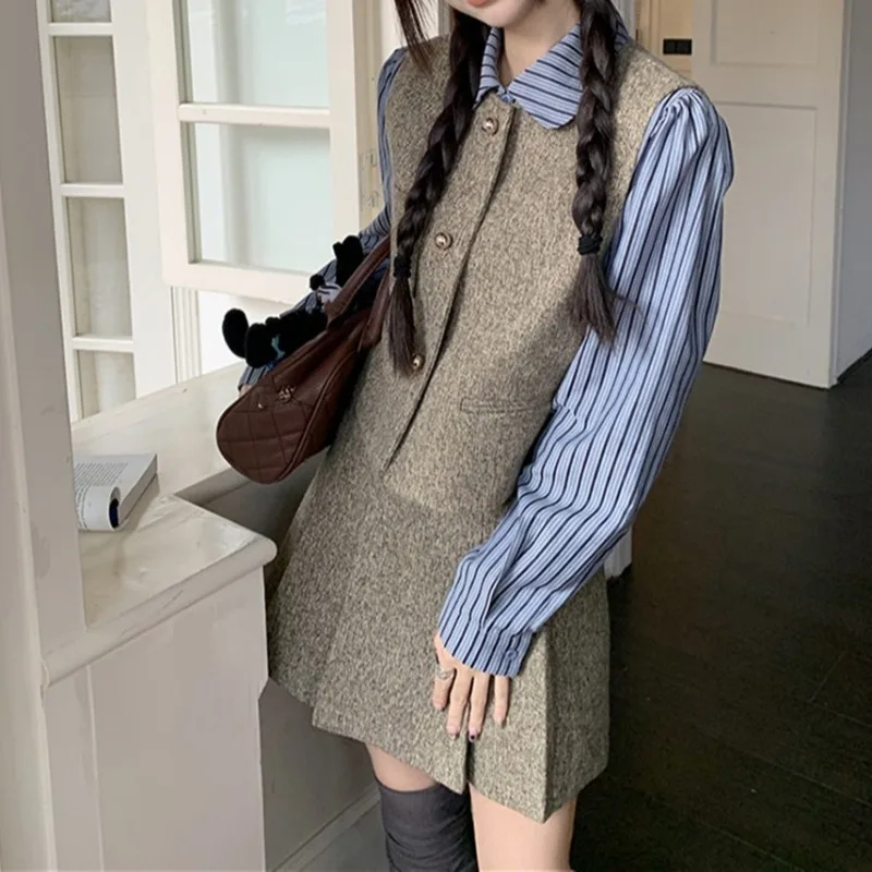 Vintage College Style Women 3pcs Outfit Long Sleeve Striped Shirt Tweed Single Breasted Vest Coat High Waist Pleated Skirt Suits