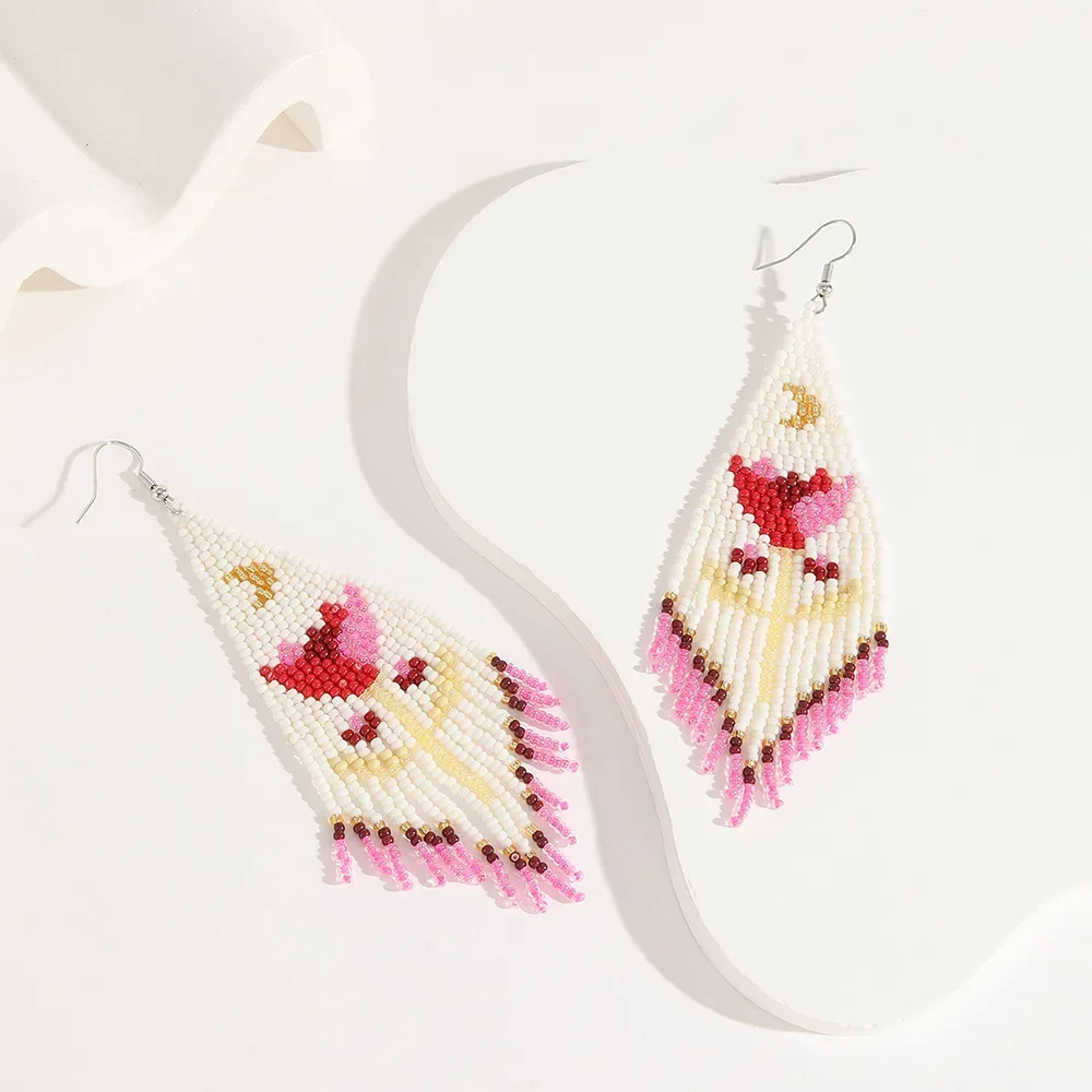 2025 Handmade Bead Earrings Tassel Gradient Color Hand Knitting Flowers Bohemia Golden Moon Simple Beaded Earrings for Women view 3