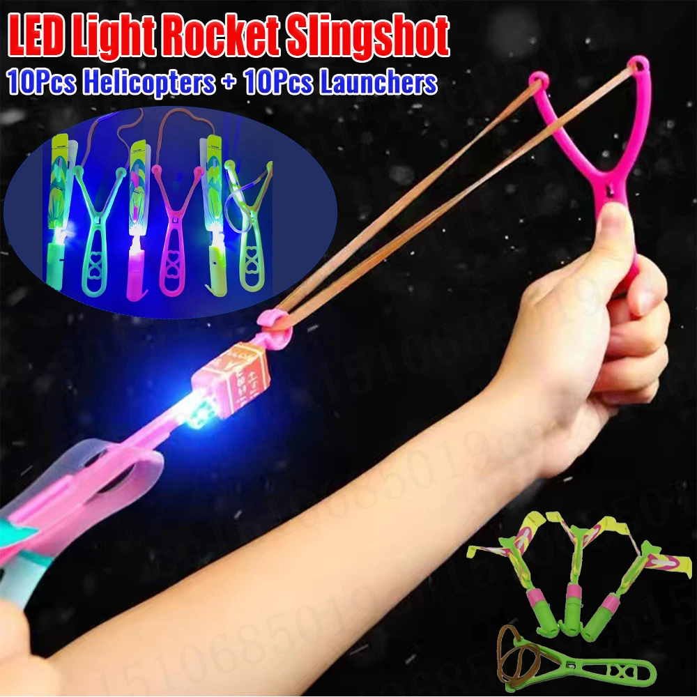 Rocket Slingshot Flying Toys with LED Lights 10Pcs Helicopters + 10Pcs Launchers Slingshots Rocket Launcher for Kids Boys Girls