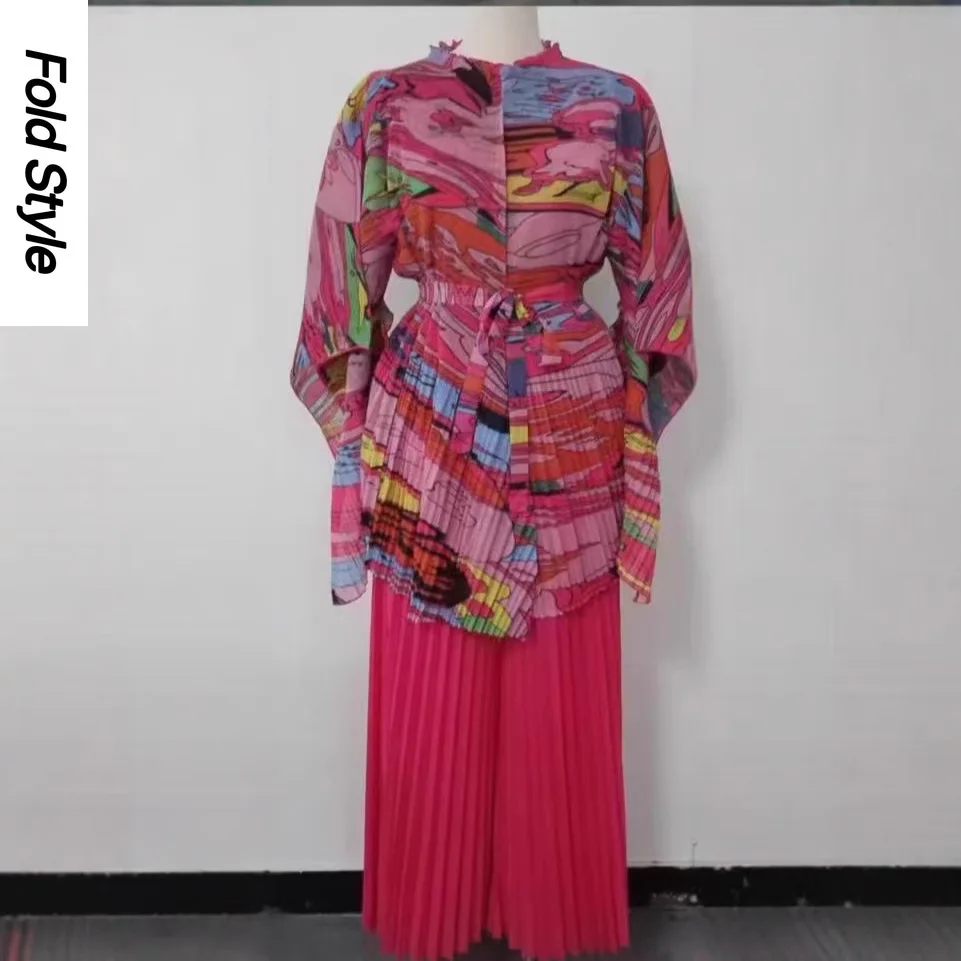 

2025 Summer African Miyake Pleated Print Animal Flower Print Short Top + Wide-leg Straight Pants Two-piece Set for Women