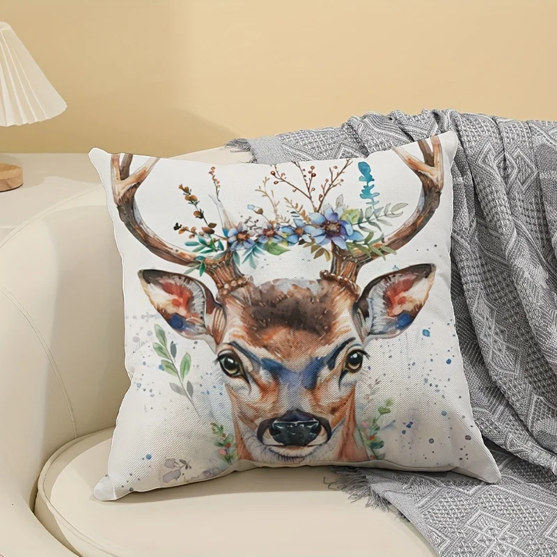 1Pc Deer Pattern Linen Pillowcase - Contemporary Style, Zip Closure, Machine Washable - Perfect For Living Room & Bedroom Decor