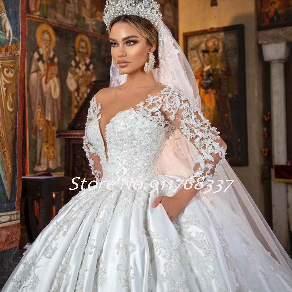 Robe Mariage Vintage Satin Ball Gown Wedding Dress with Long Sleeve Gorgeous Vestidos De Novia Beading Appliques Trouwjurk