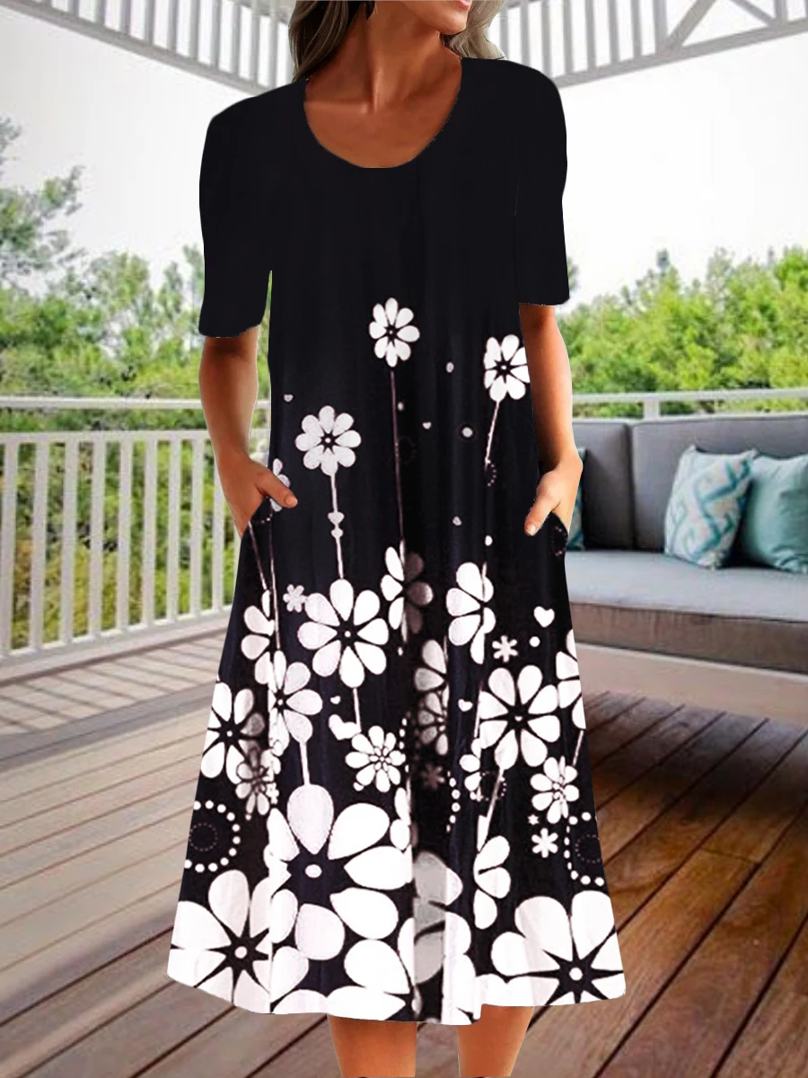 Plus Size Women Casual Short Sleeve Round Neck Floral Printed Midi Dress with Pockets