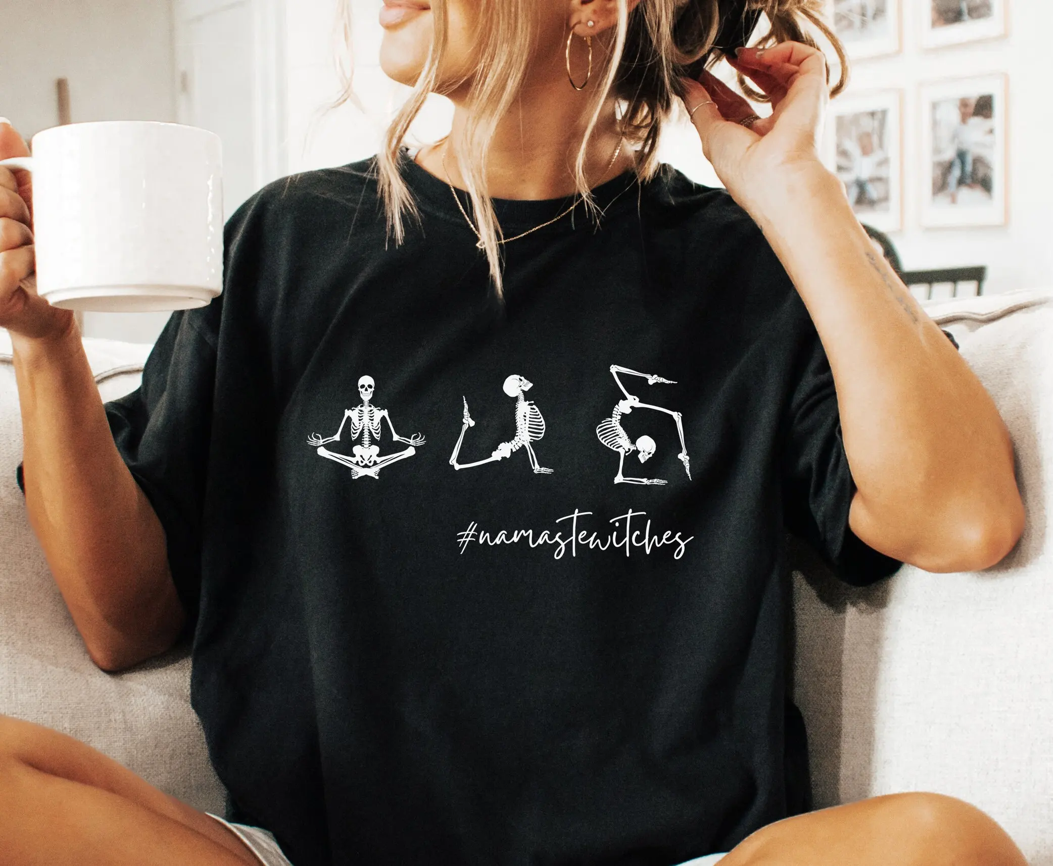 Namaste Witches T Shirt Yoga Skeleton Figurines Meditation