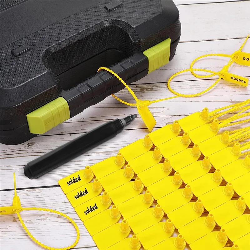 1000 ชิ้นพลาสติก Tamper ซีลแท็กแท็กการรักษาความปลอดภัยซีลหมายเลข Zip Ties ป้าย (สีเหลือง)