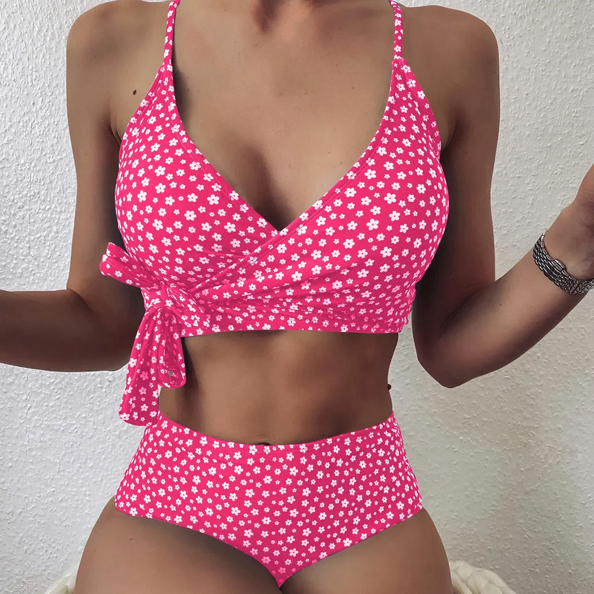 2024 New Sexy Floral Bikini Cross Bandage Separate Swimsuit Lace High Waist Swimwear Beach Bathing Suits Push Up 2 Piece Sets