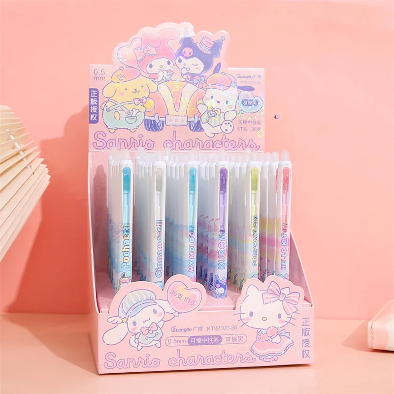 36pcs/lot Sanrio Melody Cinnamoroll Cat Erasable Gel Pen Cute 0.5mm Black Ink Neutral Pens Promotional Gift Office School Supply