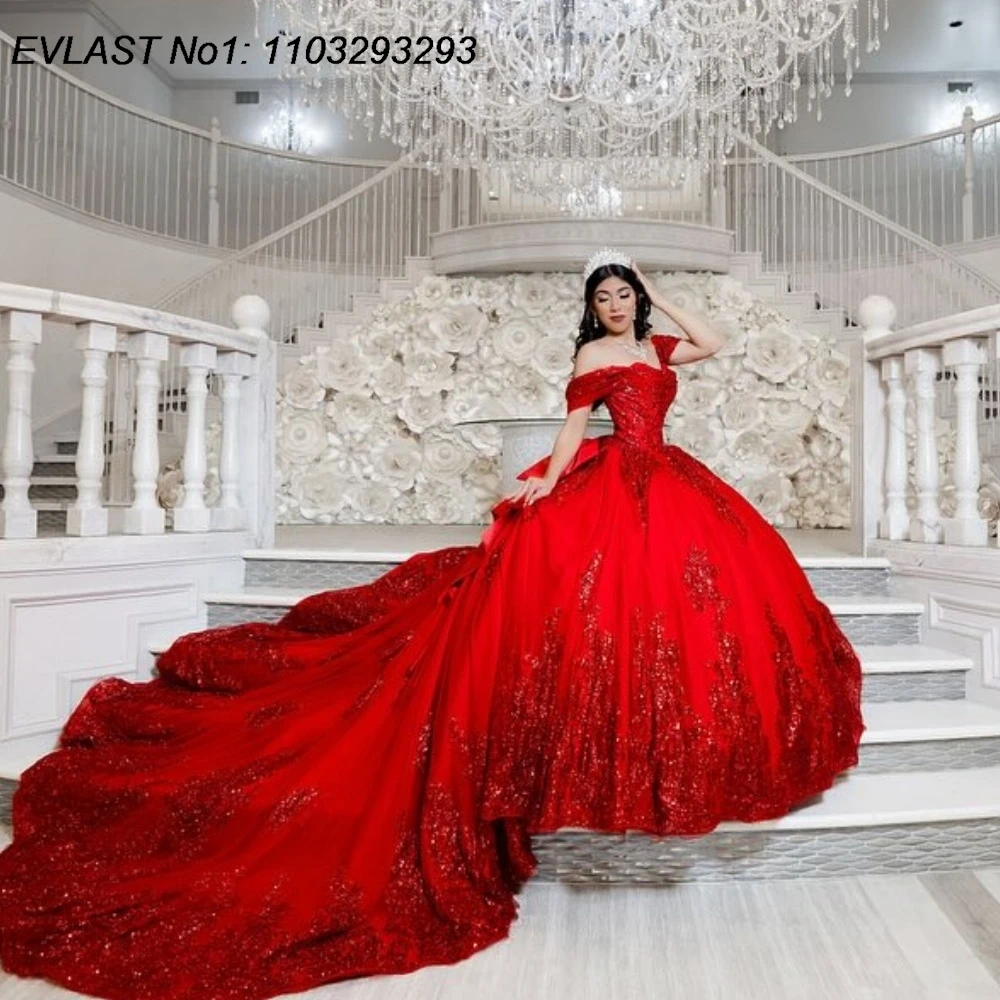

EVLAST Customized 2025 Red Sequins Ball Gown Quinceanera Dress Applique Beading Bow Corset Sweet 16 Vestidos De 15 Anos E1Q725