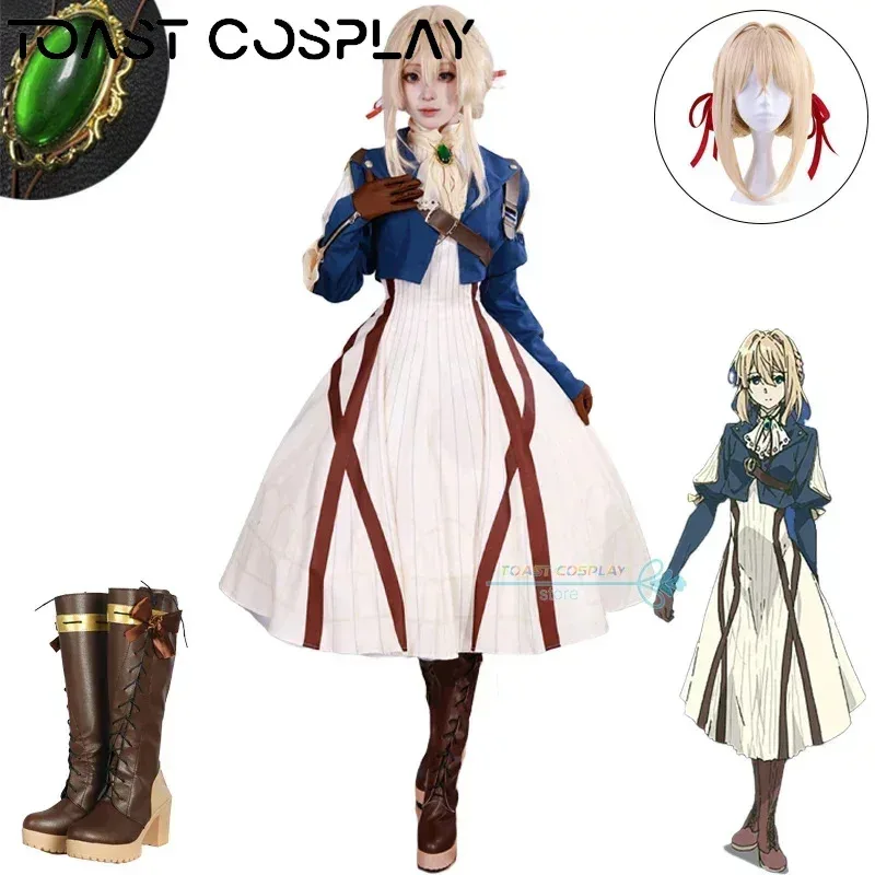 2025 12 Violet Evergarden Kostum Cosplay Wig Sepatu Set Lengkap Pakaian Pesta Halloween Anime Cos Gaun Wanita