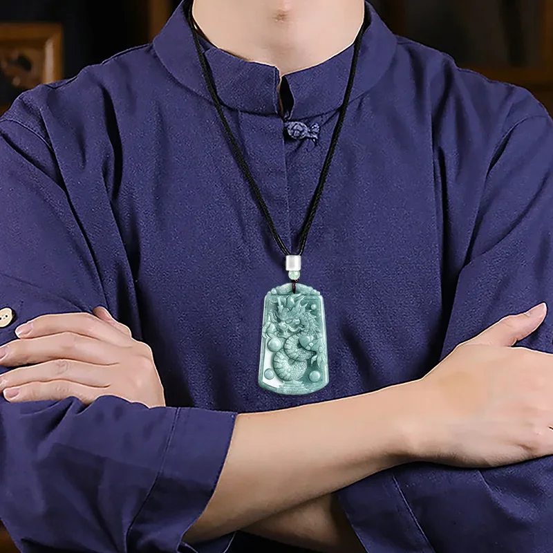 Jiale/ Hand-made/ Natural Blue Water Jade Long Xing Tian Xia Brand/Emerald Necklace Pendant  Fashion Men and Women Couple Amulet