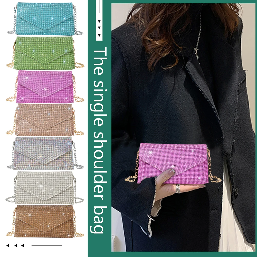 

Sparkling Purse Chain PU Elegant Gorgeous Envelope Clutch Bag Rhinestone Exquisite Fashion Embellished Banquet Crossbody Pack