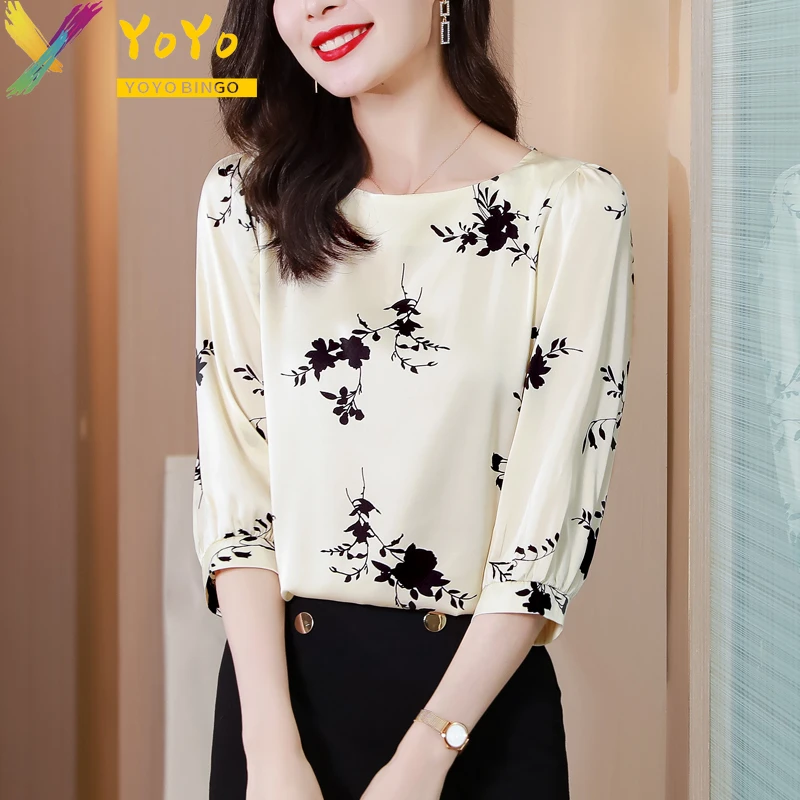 Elegante formale Satin Print Halbarm O-Ausschnitt Bluse 2024 neue Mode Pullover Vintage Top Office Chic Arbeits hemden