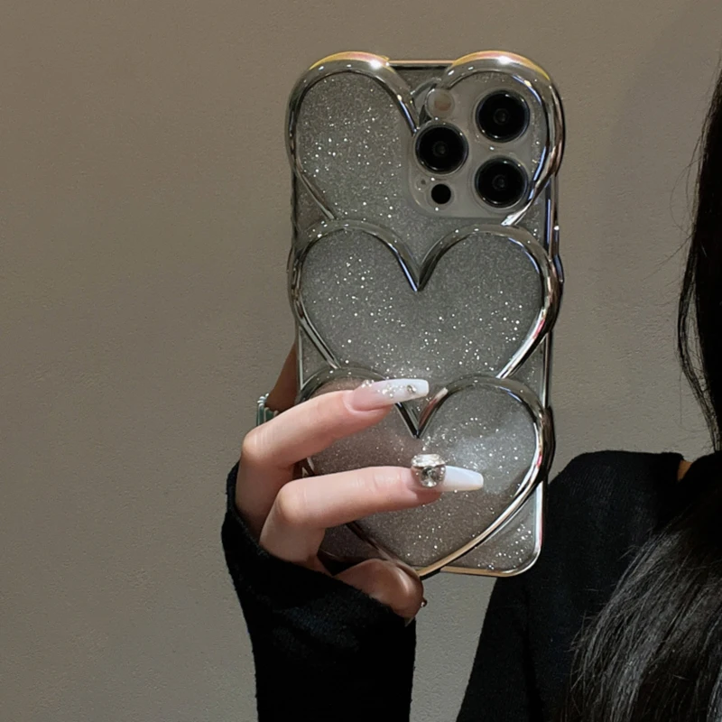 Korean Glitter Silver Overlapping Plating Love Heart Phone Case For iPhone 16 15 14 13 12 11 Pro Max Plus Trendy Girl Back Cover