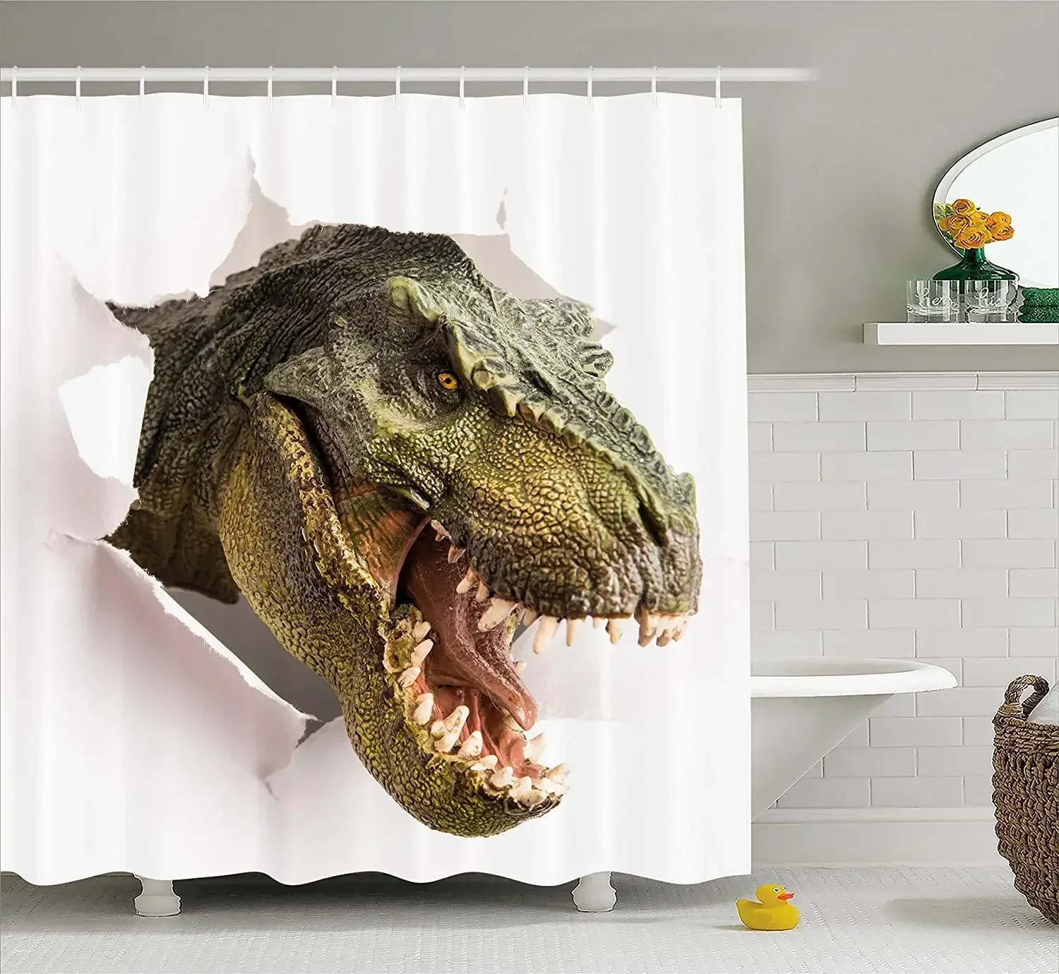 Dinosaur Shower Curtain Dangerous Dinosaur Tears up The Paper Wall Image Scary Break Scenery Bath Curtains For Bathroom Bathtub