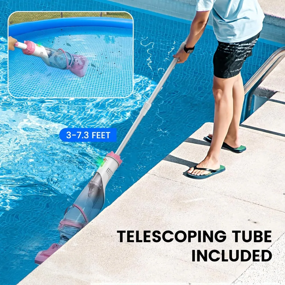 Pool Vacuum for Above Ground Pool with a Telescopic Pole, Running time up to 1H, T403 Handheld Rechargeable Pool Cleaner with Po