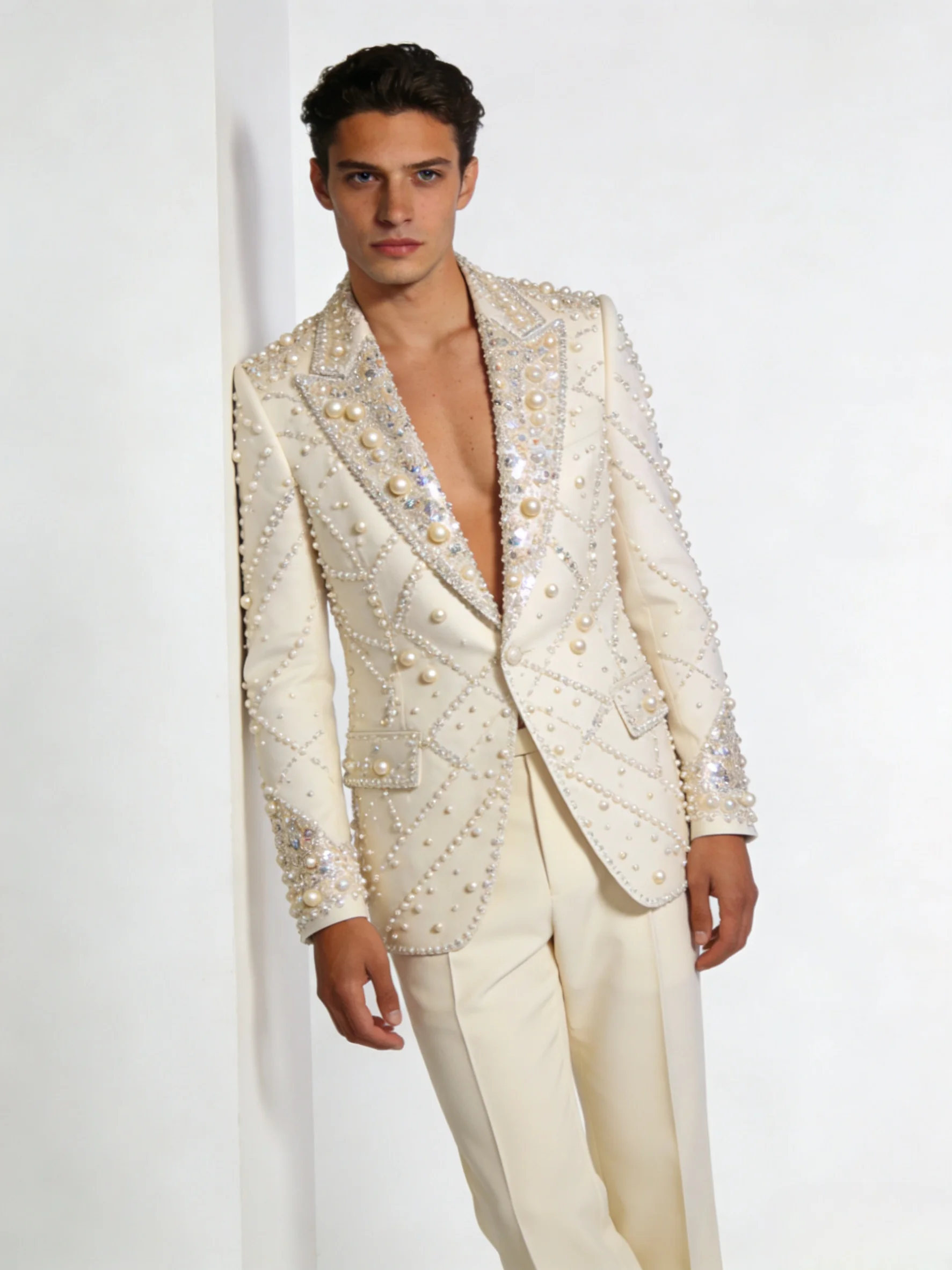 

Luxury Pearls Men Suit Set 2 Pcs Blazer+Pants Trousers Cotton Formal Office Coat Wedding Tuxedo Customized Jacket Outfit