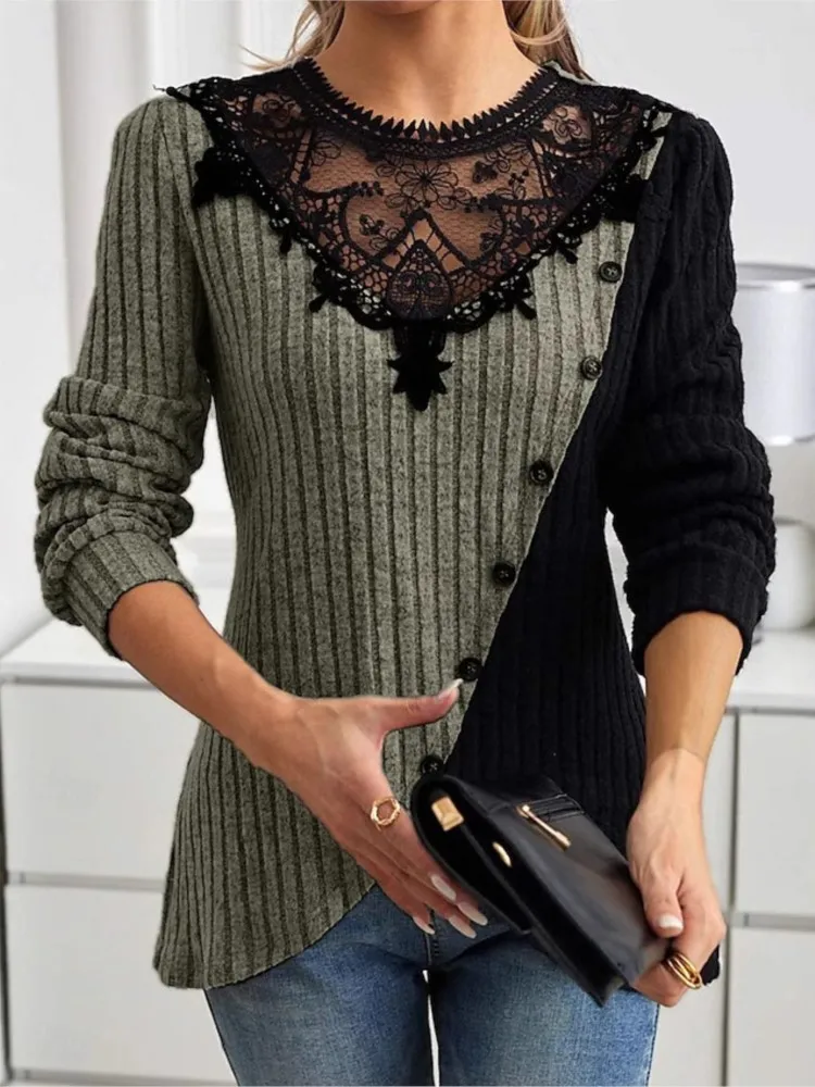 Elegant Lace Patchwork T Shirt Top For Women Fashion O Neck Long Sleeve Pullover Knit Tshirts Tops Lady Spring Casual Office Tee