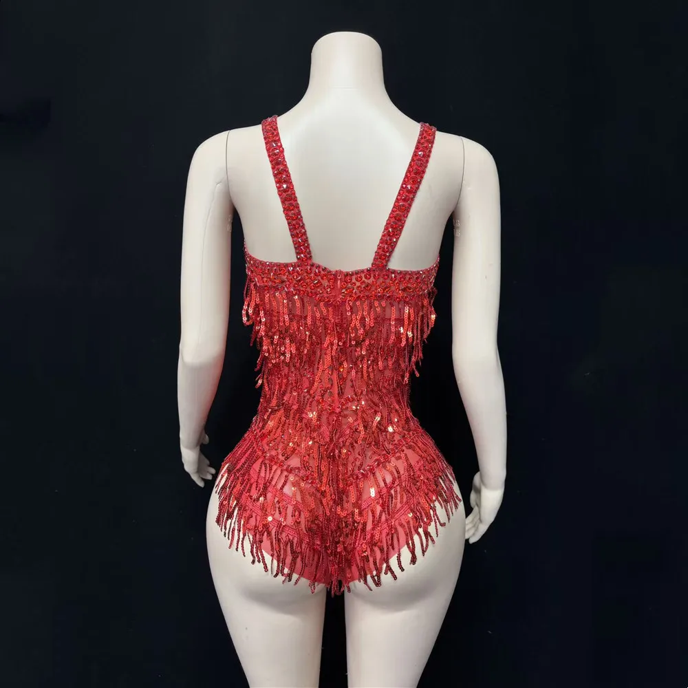 Rode pailletten kwastje bodysuit nachtclub vrouwen zanger podiumconcert strass turnpakje prestaties dans kostuum festival kleding
