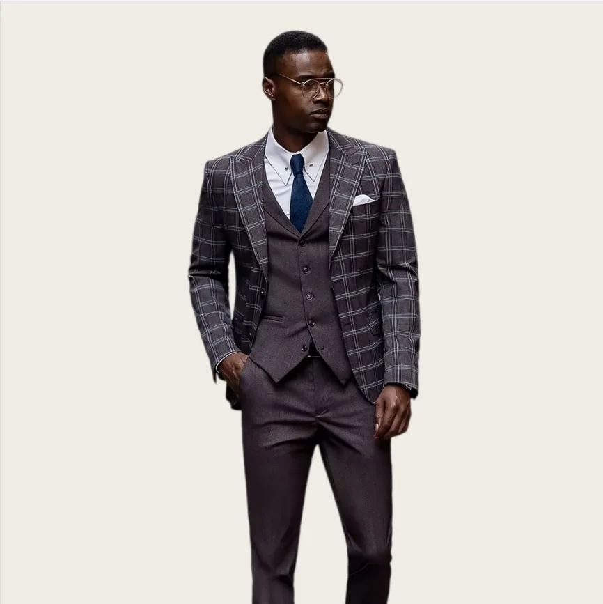 African Men's Suits Peaked Lapel Single Breasted Plaid Tuxedo 3 Piece Set Slim Fit Formal Business Office Blazer Customized