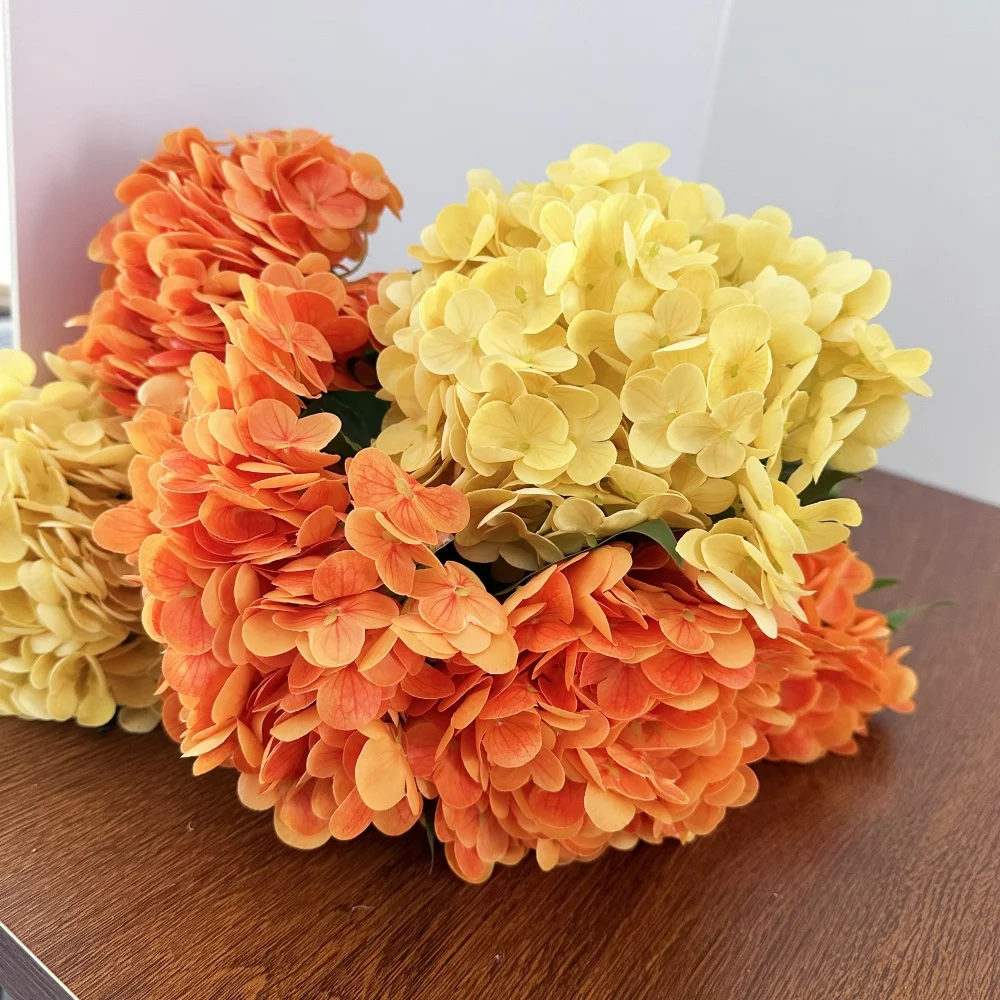 Neue große Hortensien-künstliche Blume, feuchtigkeitsspendend, True Touch, Orange, Gelb, gefälschte Hortensien, Wohnzimmer-Dekoration, Hochzeit, Bühne – Detail 9