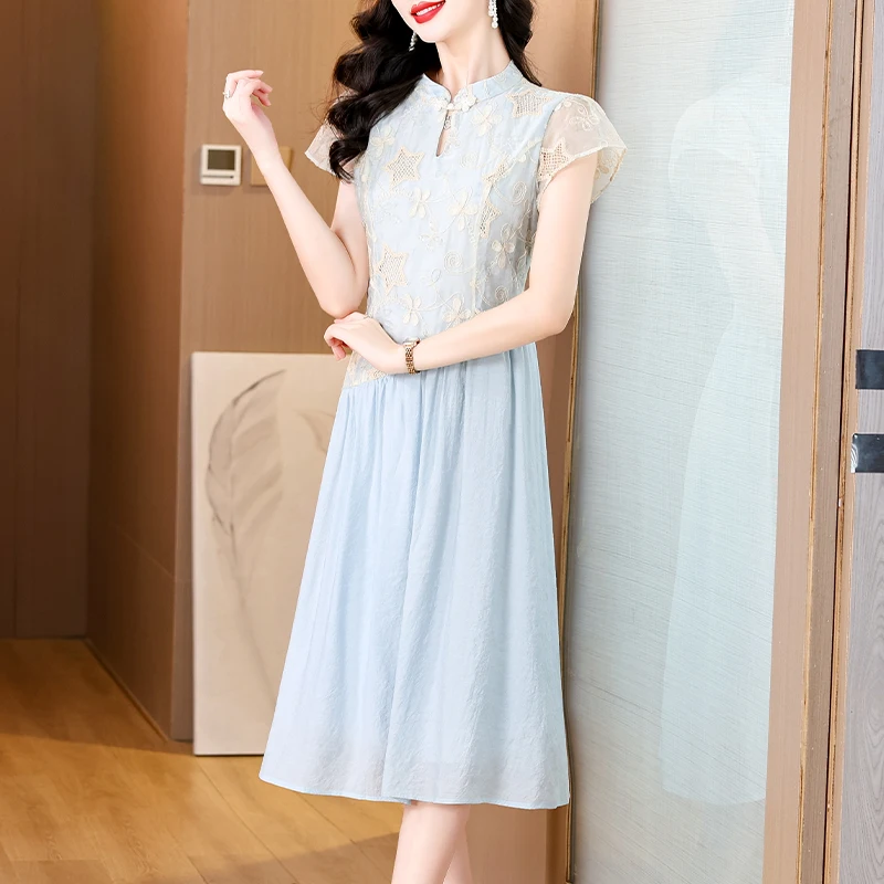 

Лето 2025 г., шелковый жаккардовый сарафан миди в китайском стиле, женский модный повседневный сарафан в стиле бохо с вышивкой, элегантное роскошное праздничное платье