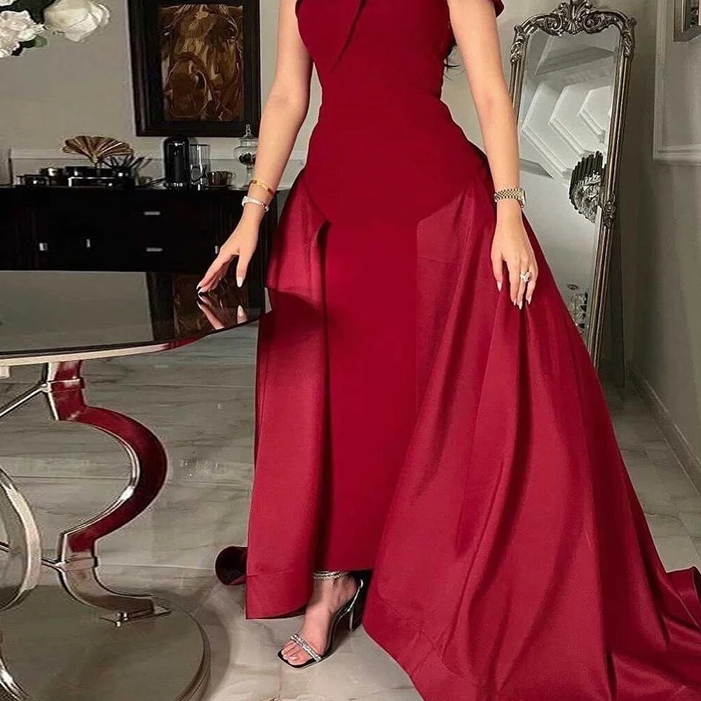 

Elegant Party Dresses Woman 2024 A-Line Sold Red Jersey Ankle Length Sleeveless Ankle Length Sweep Train Dresses For Formal