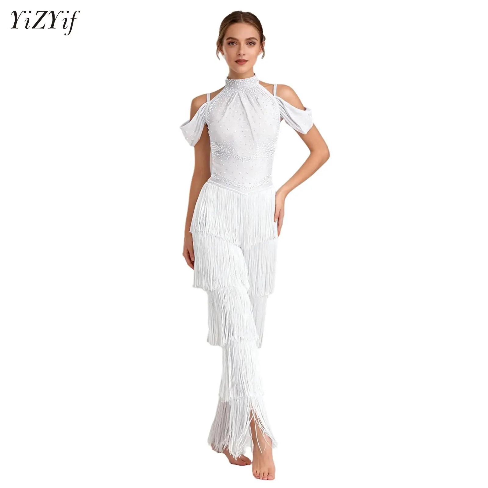 

Women Latin Samba Rumba Ballroom Dance Rompers Rhinestones Tiered Tassel Halter Off Shoulder One Piece Jumpsuit Party Costume