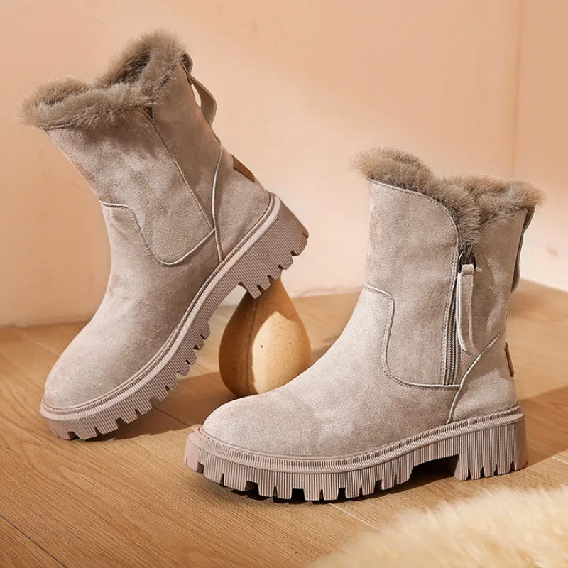 Leather Women\'s Snow Boots Plush Warmth Casual Cotton Boots Zipper Anti-slip Fangen Womens Boots Fake Fur Fashion Nude Boots