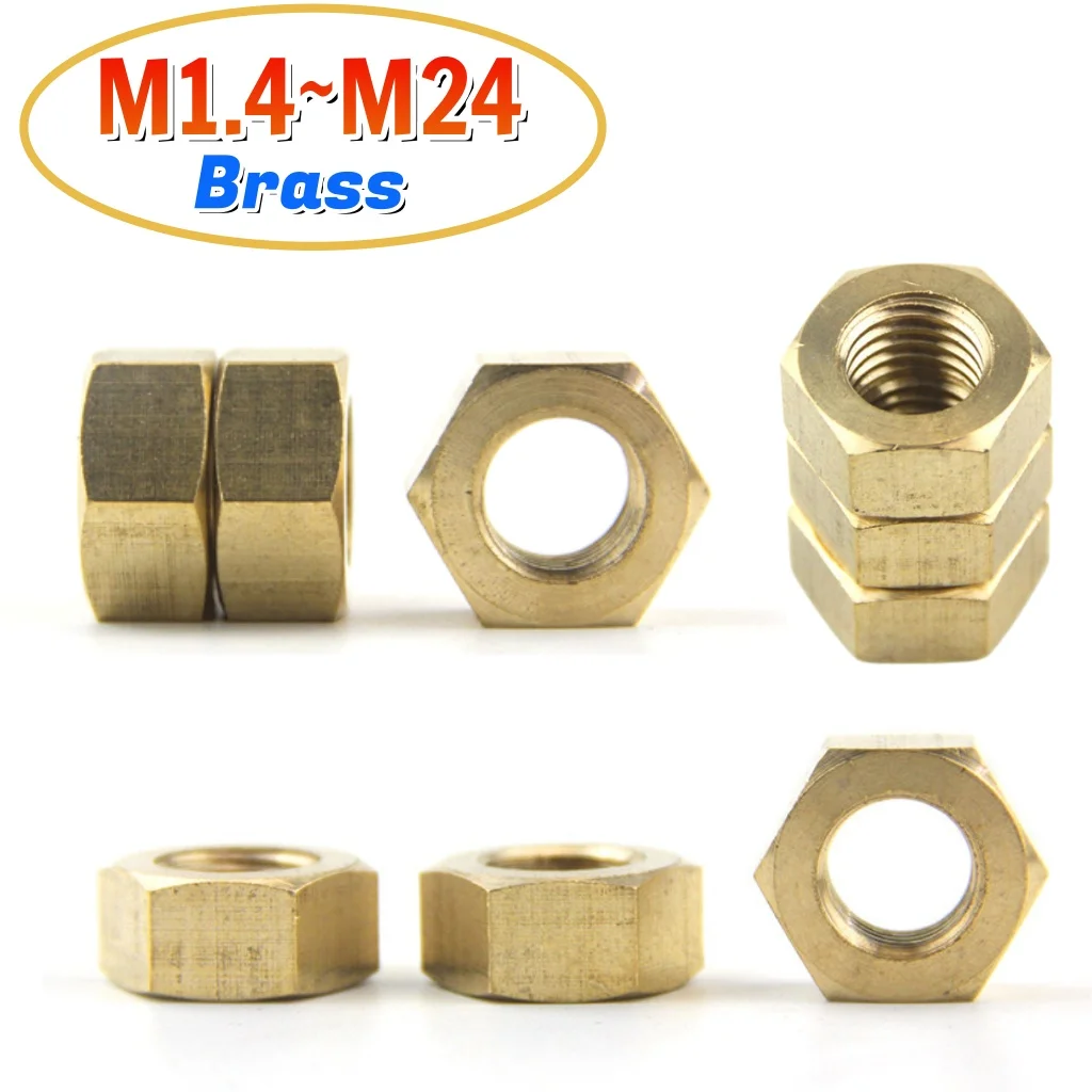 2~200pcs Brass Hexagon Nut Copper Hex Nut M1.4 M1.6 M2 M2.5 M3 M4 M5 M6 M8 M10 M12 M14 M16 M18 M20 M22 M24