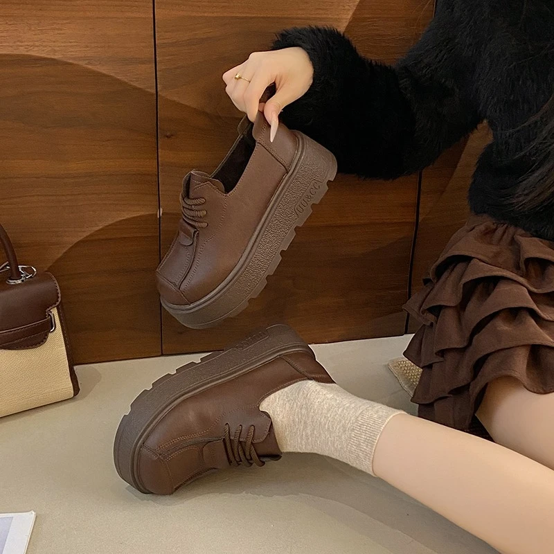 Platform Vintage Single Shoes Women's Round Toe Lace-Up Non-Slip Flats