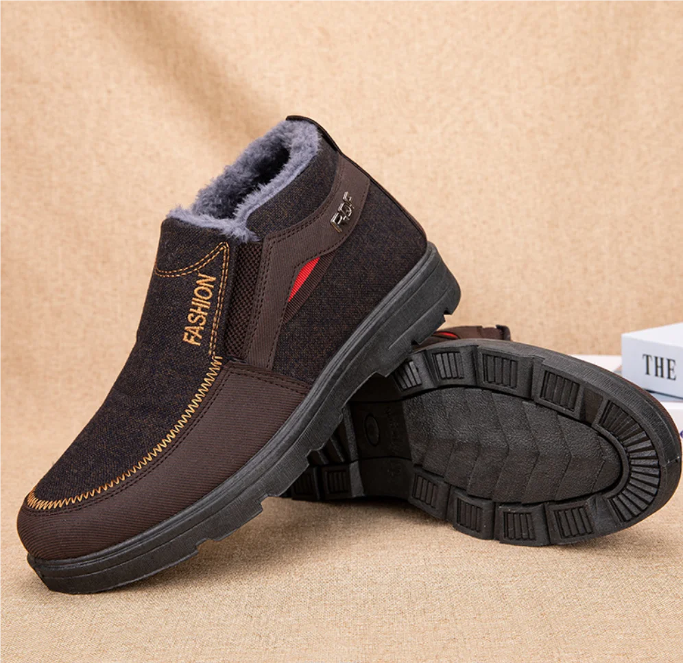 Fashion Warm Man Shoes Winter Snow Boots Faux Leather Fur Lined Shoes Elder Men Flat Ankle Plush Boots Light Cotton-padded Shoes