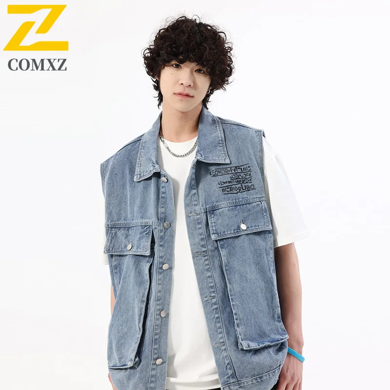 

EiAO Japanese Style Denim Vest All seasons Water-Resistant Windproof Streetwear Outdoor Camping Fishing washable Work Jacket