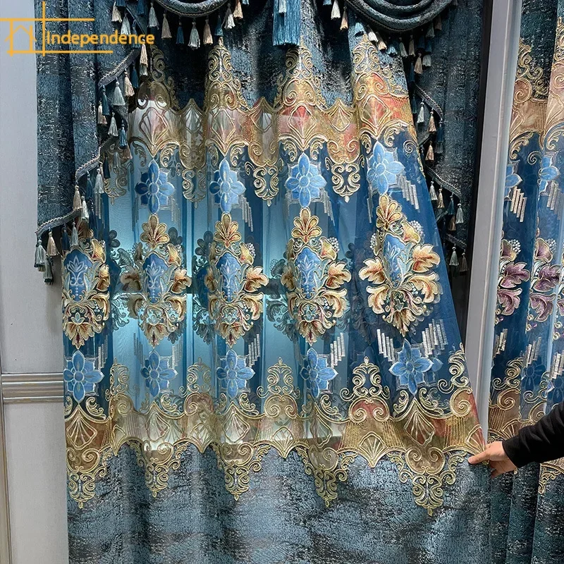 الراقية الشنيل الأزرق جوفاء خارج ستائر النافذة المطرزة لغرفة المعيشة غرفة نوم نافذة الفرنسية فيلا التخصيص