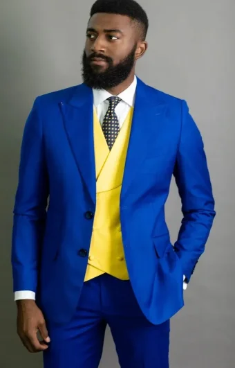 

Royal Blue Men Suits With Yellow Vest 3 Pcs Wedding Groom Costume Homme Business Blazer Sets Terno Masculino Jacket+Pant+Vest