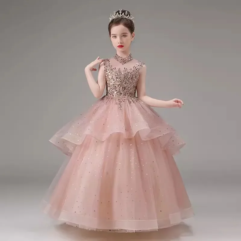 Little Girls Princess Party Ball Gown Kids Puffy Tutu Sequin Evening Cocktail Dress bambini School Graduation Long Prom Dresses