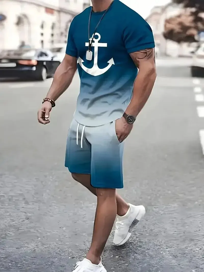 Navy Anchor Pattern Men\'s Set 3D Printed Summer Outdoor Short Sleeved T-shirt+pants Two-piece Casual Sports Plus Size Men\'s Set