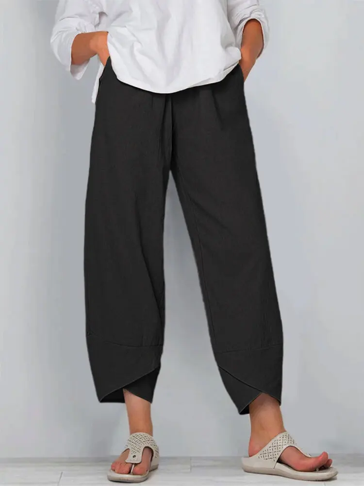 Oversized Womens Solid Cotton Linen Pockets Baggy Casual Harem Pants Ladies Summer Classic Ankle-Length Trousers Plus Size 2023